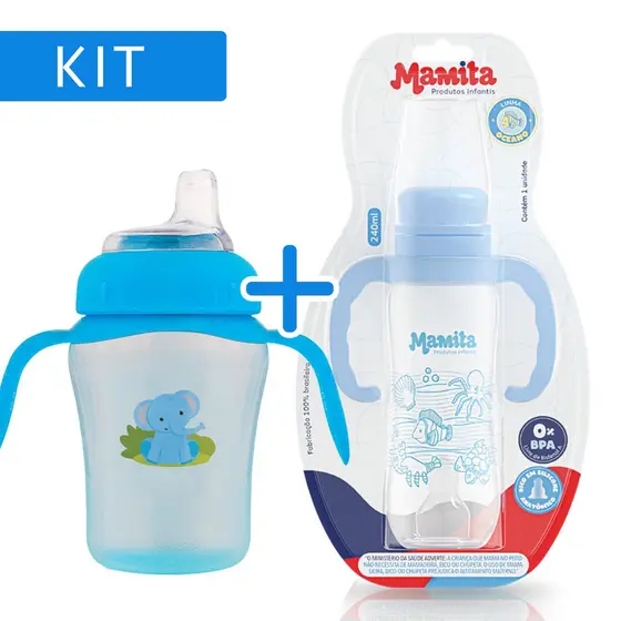 Kit Mamadeira com Alça Bico Achatado 240ml +Copo Treinamento Transição Antivazamento Com Alça e Bico de Silicone 240ml I