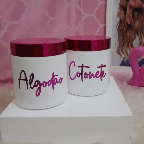 Kit 2 Porta Cotonete Algodão Rosa holográfico Decoração Ateliê Quarto