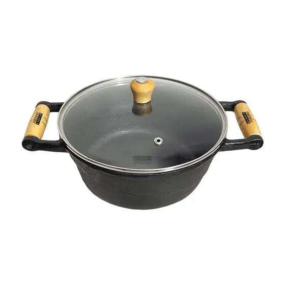 Panela Caçarola De Ferro Alça de Madeira C/ Tampa Vidro 18cm
