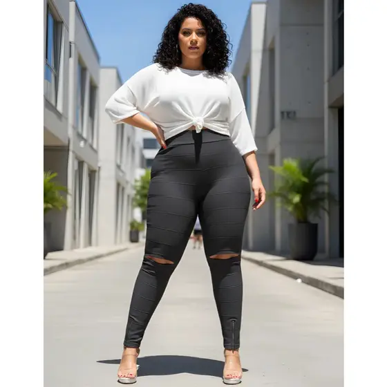 Calça Legging Bandagem Plus Size Grossa Para Gordinha Leg Com Ziper e Abertura no Joelho