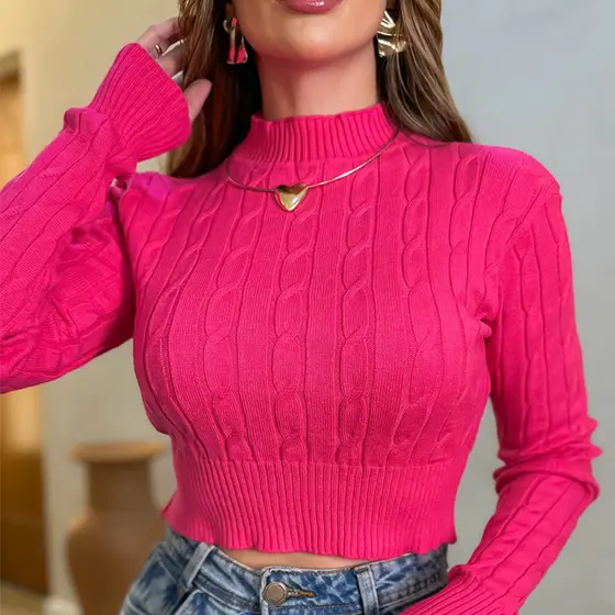 Blusa Tricot Modal Feminina Cropped Trança Tricô Manga Longa