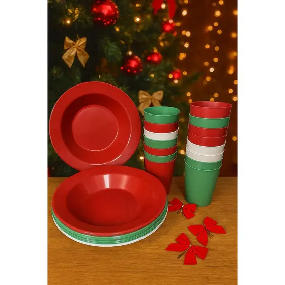 Kit Natal Copos 300ml + Pratos Fundos Redondos de Plástico Mesa Natalina, Festas, Merenda, Crianças