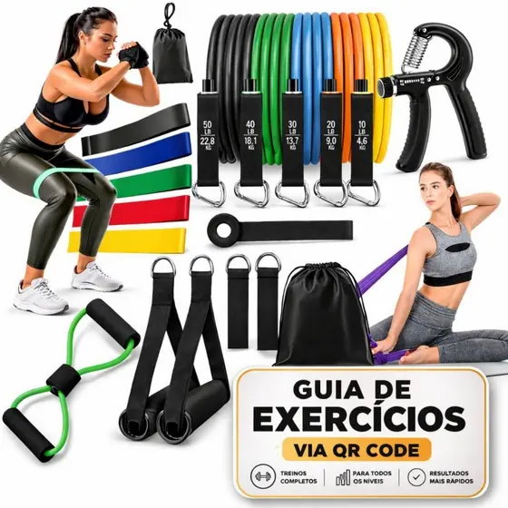 Kit 20 Itens Treino em  Casa: 11 Elásticos Extersores + 5 Mini band + Hand Grip + Thera Band  + CrossTube