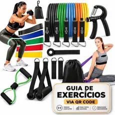 Kit 20 Itens Treino em  Casa: 11 Elásticos Extersores + 5 Mini band + Hand Grip + Thera Band  + CrossTube