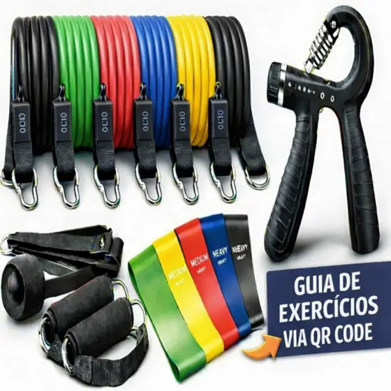 Kit 11 Elastico Exercicio + 5 Mini Bands +Hand Grip Ajustavel