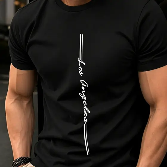 Camisa  Estampa LOS ANGELES Vertical  Confortável Gola Redonda 100% Algodão camisa estilosa elegante