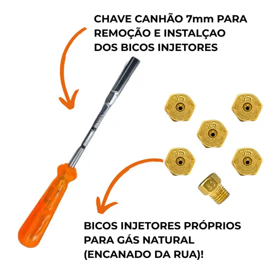 Kit 6 Injetores Conversão de Fogão ou Cooktop GN para GLP ou GLP para GN Todas as Medidas Com Chave
