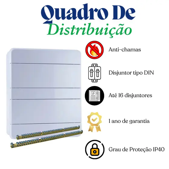 Quadro de Distribuição 16 Disjuntores Embutir com Barramento Caixa de Luz Elétrica Residencial