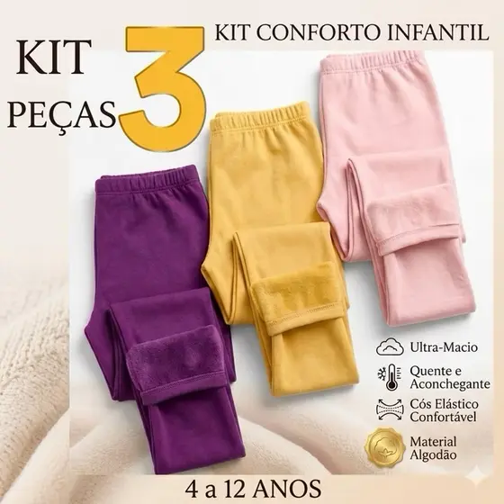 Kit 3 Leg Flanelada Algodão Cores Lisas Sortidas Infantil Feminino Menina 2 a 12 Anos