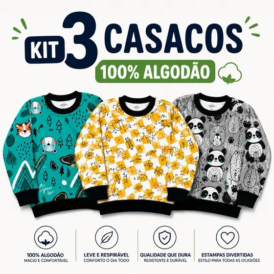 Kit 3 Casacos Infantil Menino e Menina Moletom Peluciado 100% Algodão 4 ao 12 Anos
