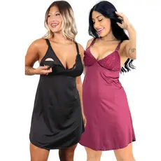Kit 2 Camisola Amamentação Abre Fácil Gestante Grávida Pijama Conforto Pós Parto Maternidade Microfibra