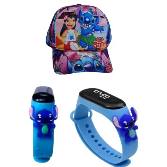 Bone infantil masculino mais relogio digital a prova d agua do Stitch , novidade , lancamento novidade para seu filho brincar e se divertir