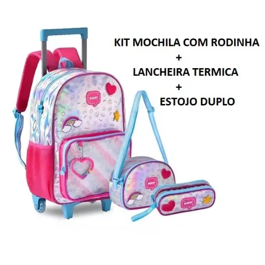 Kit Mochila De Rodinha + Estojo Duplo + Lancheira Térmica Escolar Arco-íris Holográfica