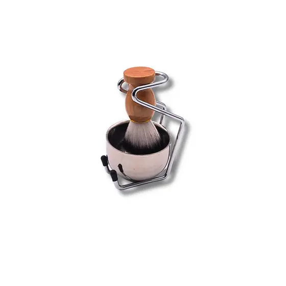 Conjunto Cumbuca de Barbear com Pincel de Madeira e Tigela de Aço Inoxidável - Suporte Incluso