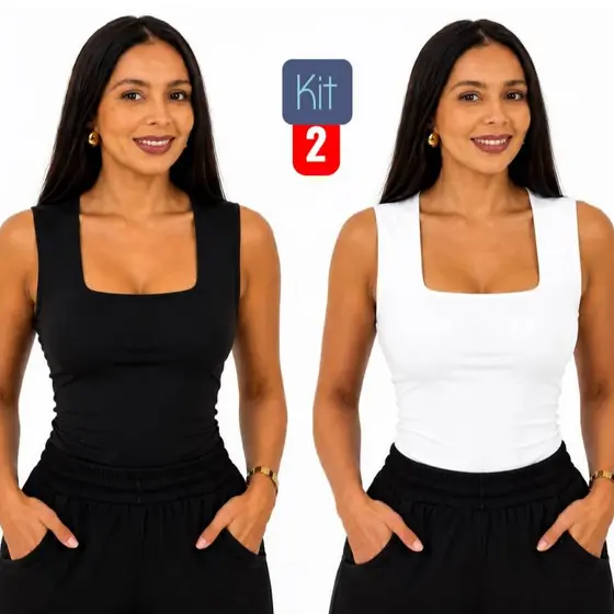 Kit 2 Regata Decote Quadrado Feminina Suplex Básica Blusinha Verão