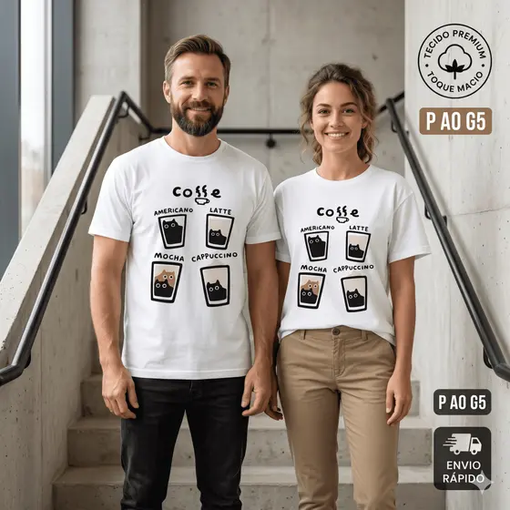 Camiseta Camisa Masculina Feminina Cat Coffee Café Streetwear 100% Algodão Estampa DTF Premium Unissex Geek Gamer Blusa