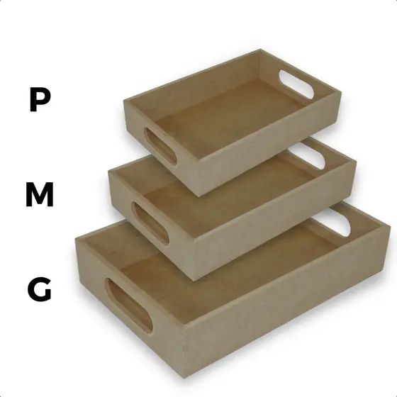 TRIO DE BANDEJAS RETANGULAR RETA SIMPLES EM MDF CRU COM ALÇA P M G