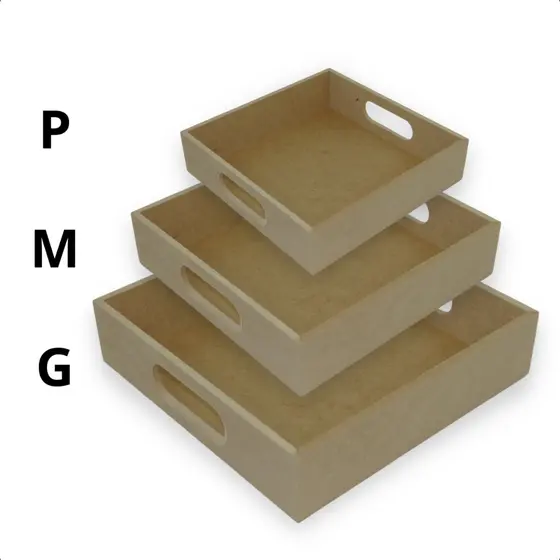 TRIO DE BANDEJAS QUADRADA RETA SIMPLES EM MDF CRU COM ALÇA P M G