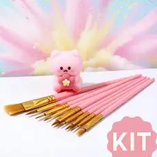 Kit Criativo com Borracha Ursinho Rosa + 10 Pincéis Artísticos
