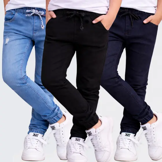 Kit 3 Calça Menino Infantil Jogger Jeans Sarja C/Elástico