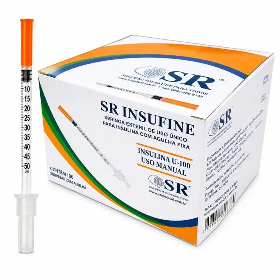 Kit 50un Seringa de Insulina 0,5ml Agulha fixa 8x30mm - SR