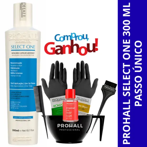 Prohall Select One Único Passo 300ml + Óleo 7ml e sache + Kit Aplicação e Luva e Pente