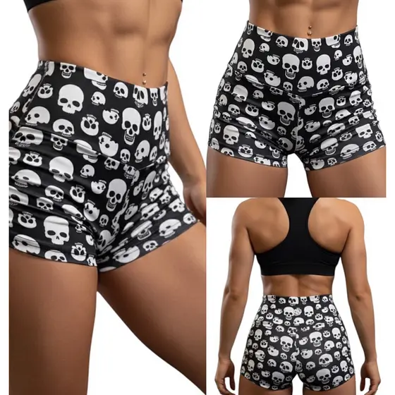 Short Premium Caveira Preto e branco curto cintura alta academia zero transparência