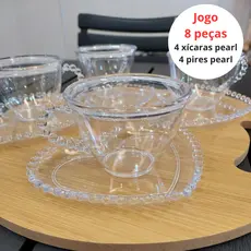 JOGO DE XÍCARAS C/ PIRES 8 PÇS  PEARL 4 XÍCARAS 150ML E 4 PIRES MODELO CORAÇÃO ACRÍLICO TRANSPARENTE