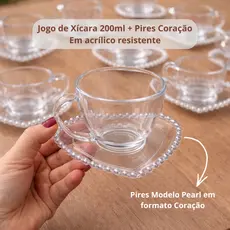 JOGO EM ACRÍLICO 8 PEÇAS -4 XÍCARAS 200ML+4 PIRES PEARL CORAÇÃO,TRANSPARENTE, CAFÉ, CHÁ,MESA POSTA