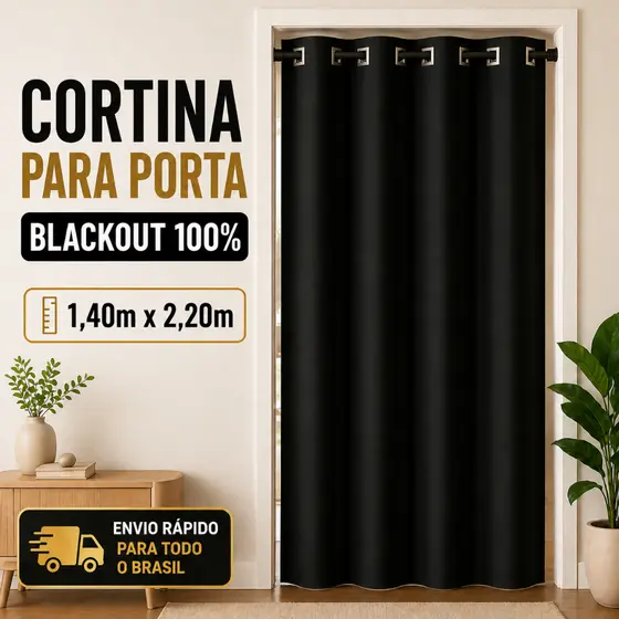 Cortina Para Porta Blackout PVC 100% Luz Ilhós Cromado 1,40x2,20 Bloqueia Luz Sala Quarto
