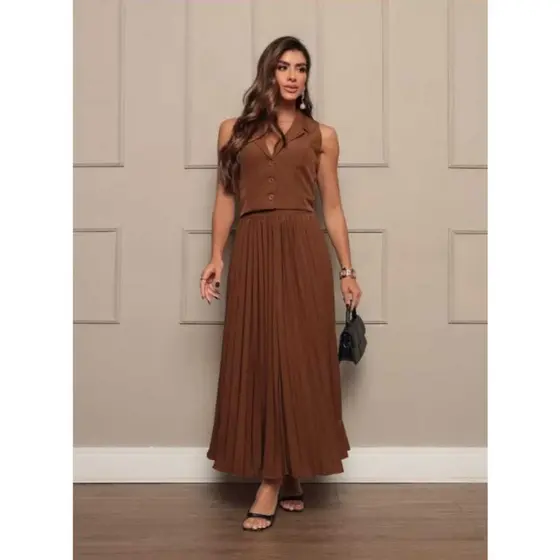 Conjunto feminino de Saia Plissada e colete elegante moderna
