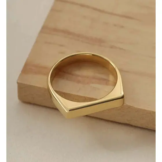 Anel Dedeira Dedinho Dourado Quadrado Achatado Aço Inoxidável Inox Unissex Chapinha Chapeado