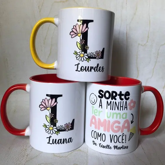 Caneca/Xícara Personalizada de Porcelana Tema Amigas com Nome e Inicial