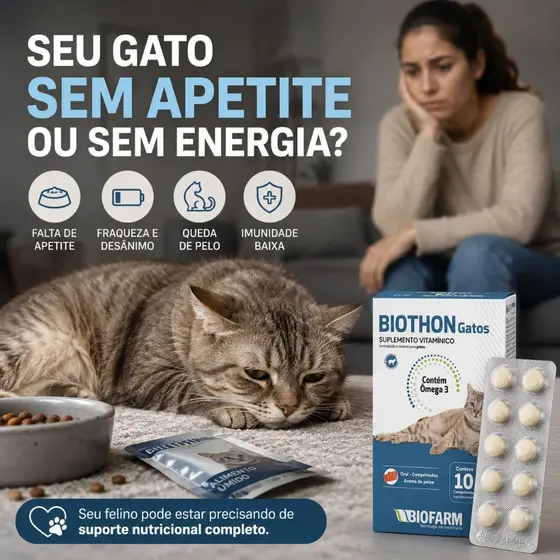 Biothon Gatos BioFarm Vitamina Felina Apetite Queda Pelo Energia Debilitado Imunidade 10 Comprimidos