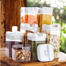 Kit 7 Potes Acrílico Armazenamento Arroz Feijão Cereais Tampa Hermética Organizador Cozinha Mantimento