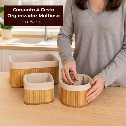 Conjunto 4 Cestos Organizadores Multiuso Bambu Natural Armazenamento Prático Casa Escritório