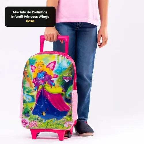Mochila Infantil Rodinha Princesa Asa Rosa Pratica Resistente Confortavel Encantadora