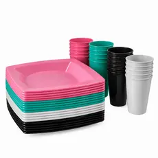 Kit 15 Pratos Quadrados + 15 Copos 300ml Reutilizável - Lanche, Refeições