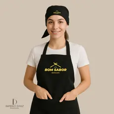 kit Avental +Touca Frente Unica Jaleco PRETO Com Sua Logo