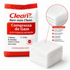 Compressa de Gaze 9 Fios 7,5x7,5cm 180g Algodão Pacote Curativo Hidrófila Clean Não Estéril