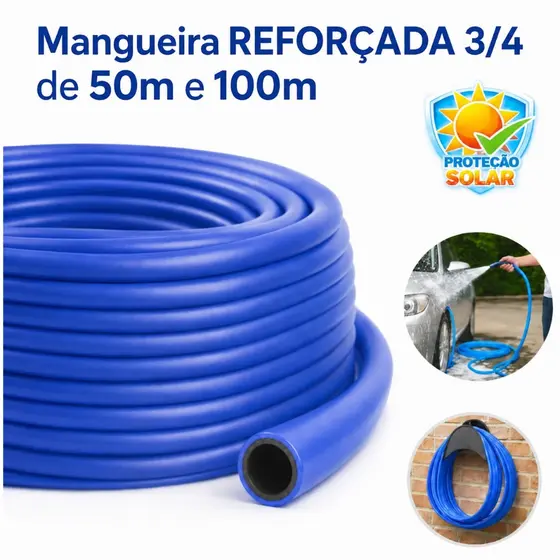 Mangueira Jardim Azul 3/4 50m 100m Reforçada Alta Pressão Flexível Irrigação Quintal Sítio