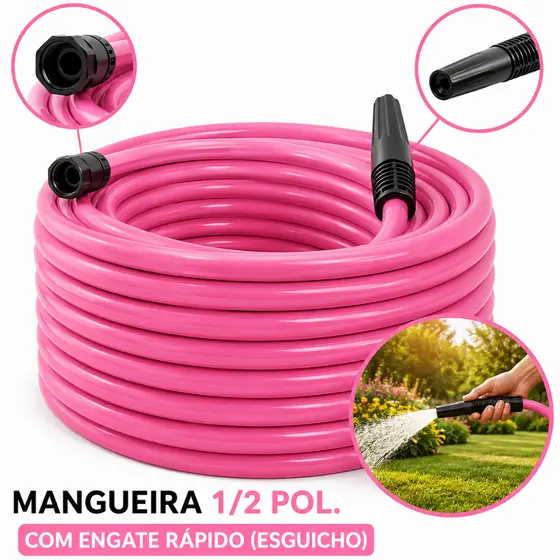 Mangueira Jardim 1/2 Silicone Rosa Flexível Com Bico 100% Resistente Com Esguicho Reforçada Premium