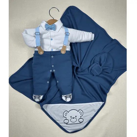 Kit Saída Maternidade Menino Social Suspensório Azul Petróleo