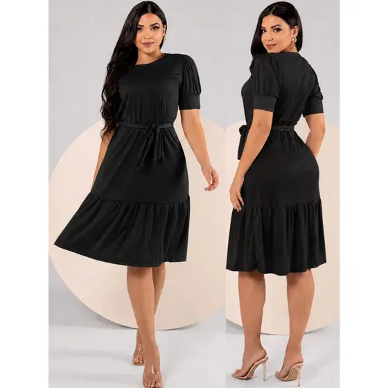 Vestido Feminino Moda Evangelica Com Babado Rodado Manga