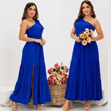 Vestido Adulto Ombro Só  Detalhe Lastex Babado  Longo Festa Madrinha Casamento Formatura Batizado