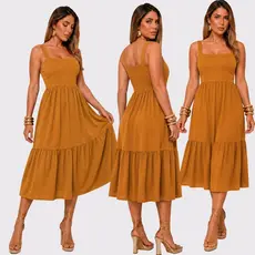 Vestido Mídi Feminino de Alça Rodado Liso com Busto Duplo