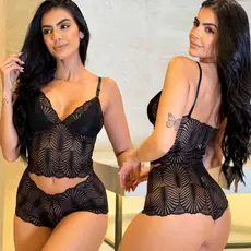 Conjunto Lingerrie Renda S/Bojo Confortável Calcinha Caleçon
