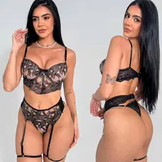 Conjunto Com Bojo Bordado Renda E Tule Cinta Liga Sensual