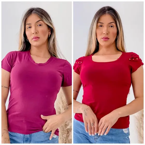 Kit 2 Blusas femininas Detalhe na Manga e Gola V Manga Curta Básicas