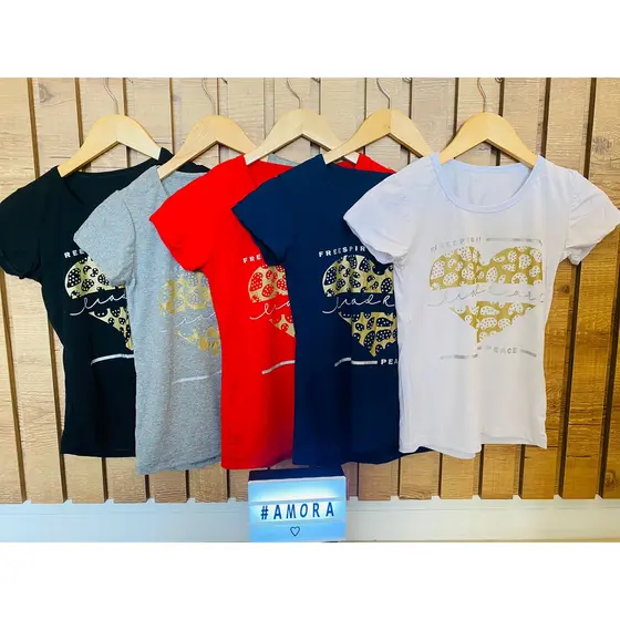 Kit 5 Blusas Femininas Coração Dourado T- short.